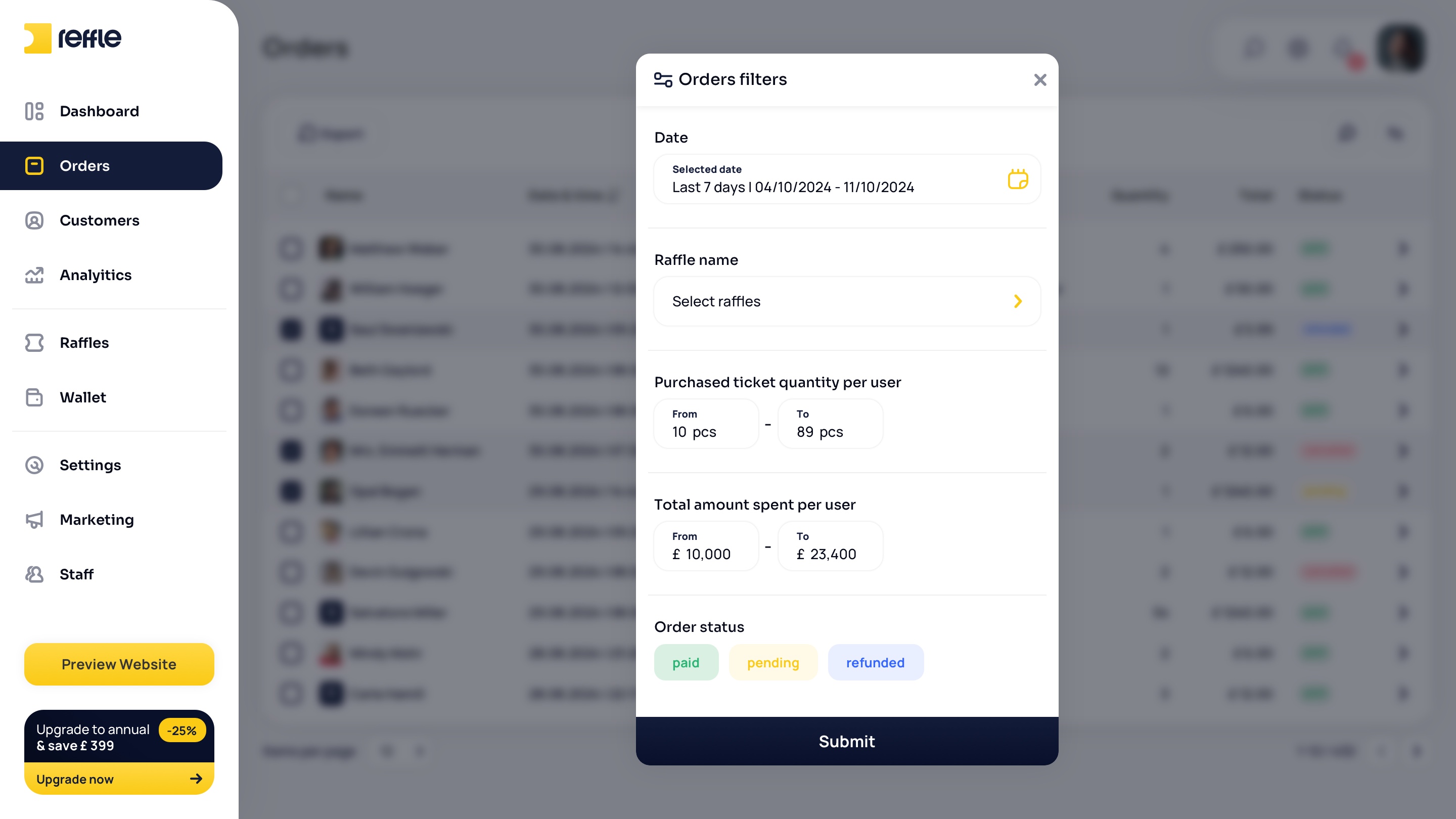 Orders screen 2