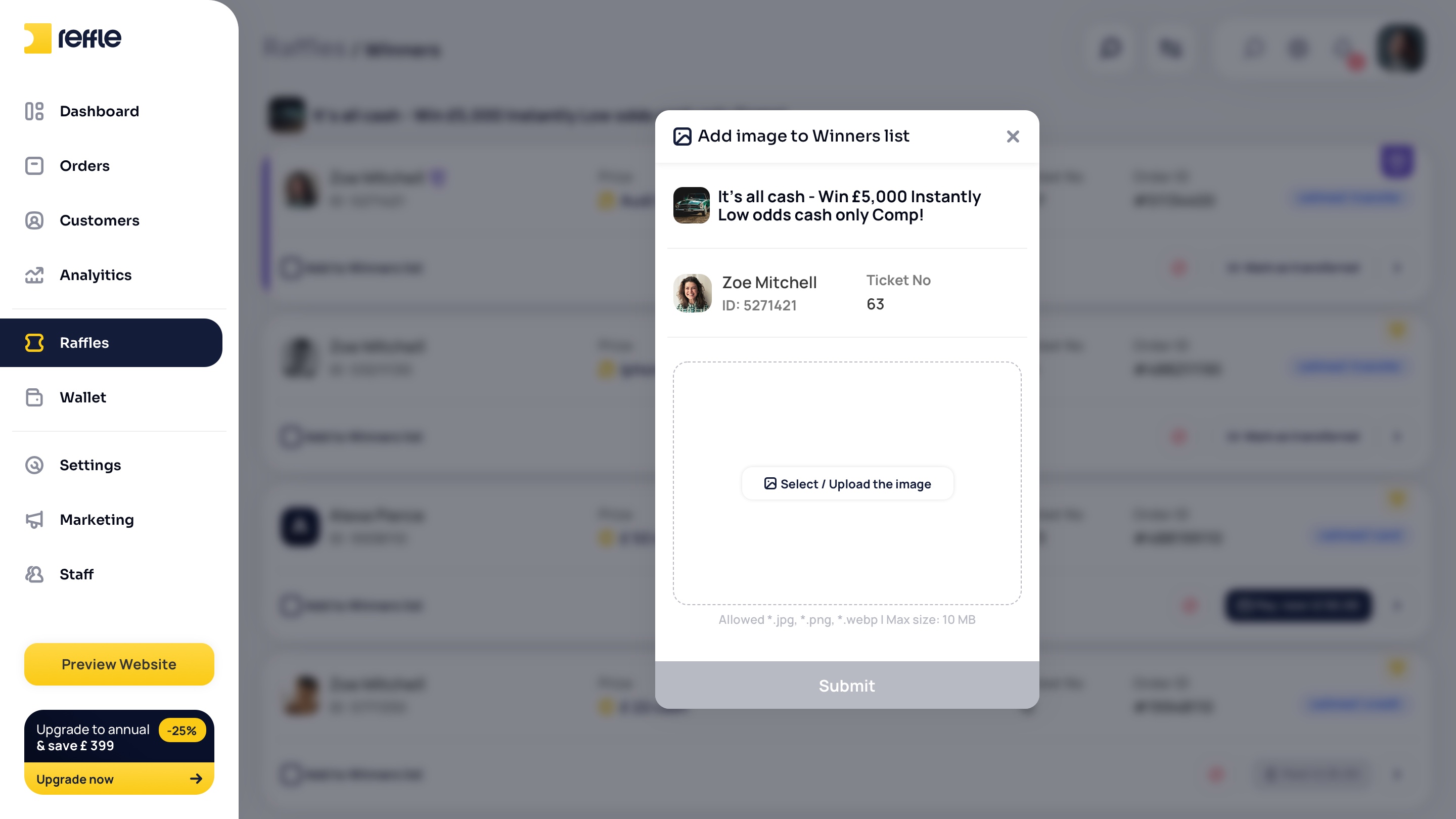 Raffle Management screen 21