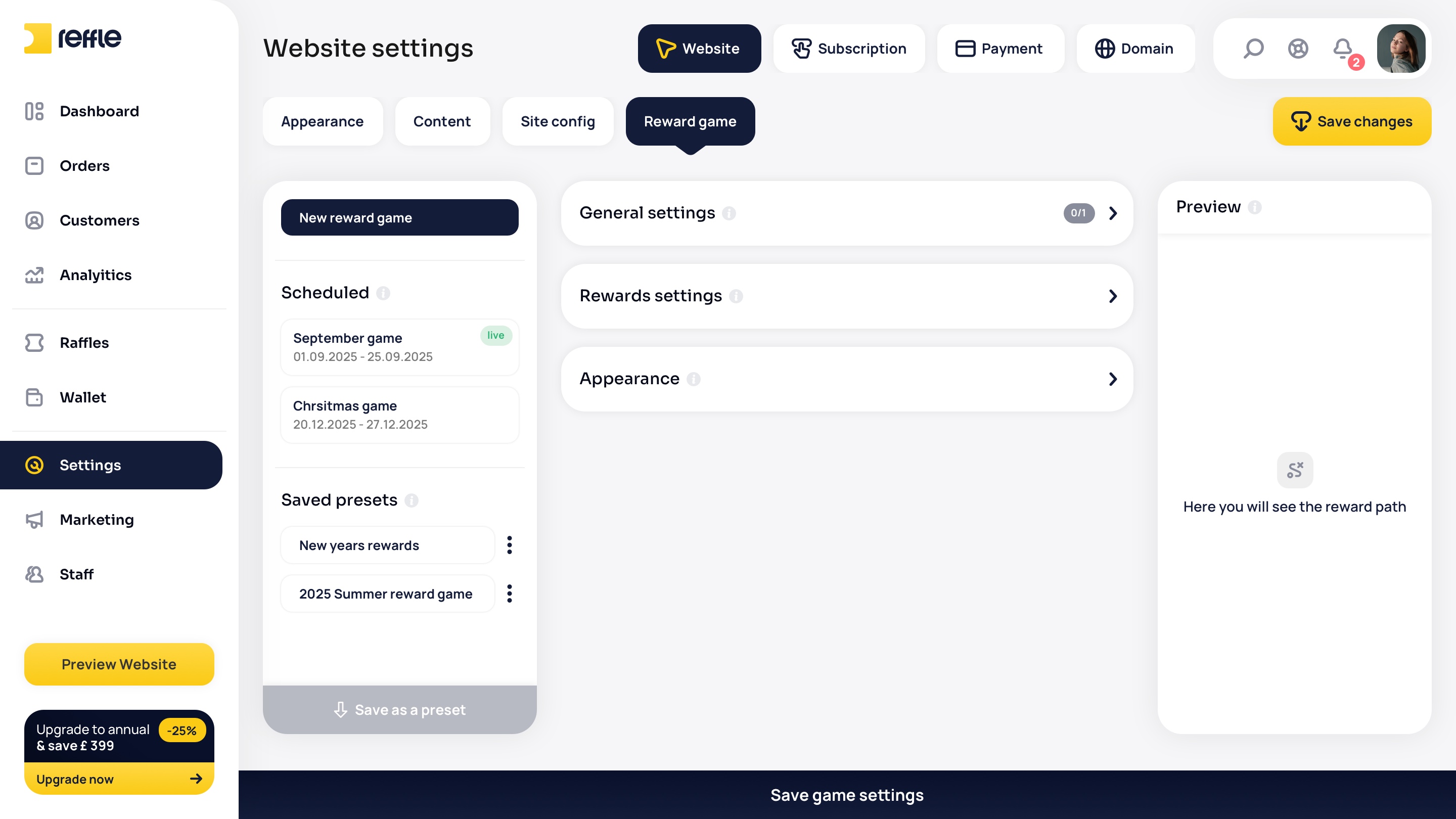 Website Settings screen 13
